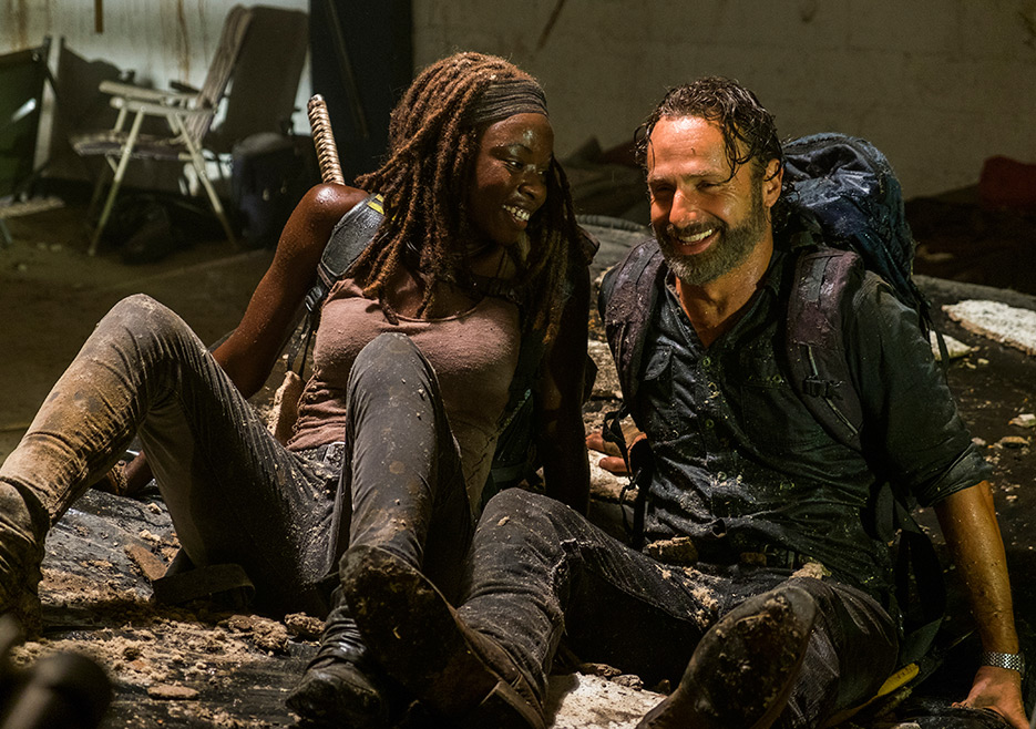 Michonne (Danai Gurira) and Rick Grimes (Andrew Lincoln) in The Walking Dead episode 7.12 Photo by Gene Page/AMC